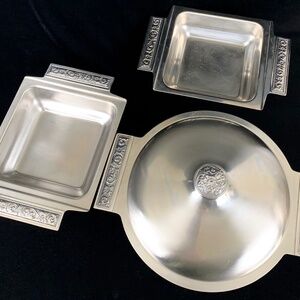 1960s 3 pc International Decorator Stainless Casserole w Lid 2 Square Dishes